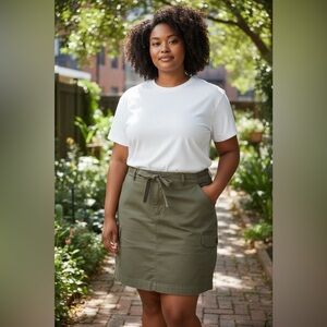 Cargo Skirt With Pockets | Denver Hayes | Khaki Green Linen Blend - Size 18